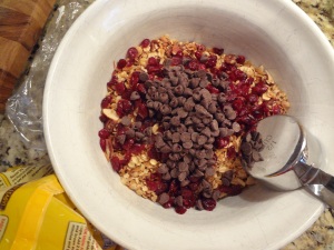 Here the chocolate chips and dried cranberries are being added to the granola